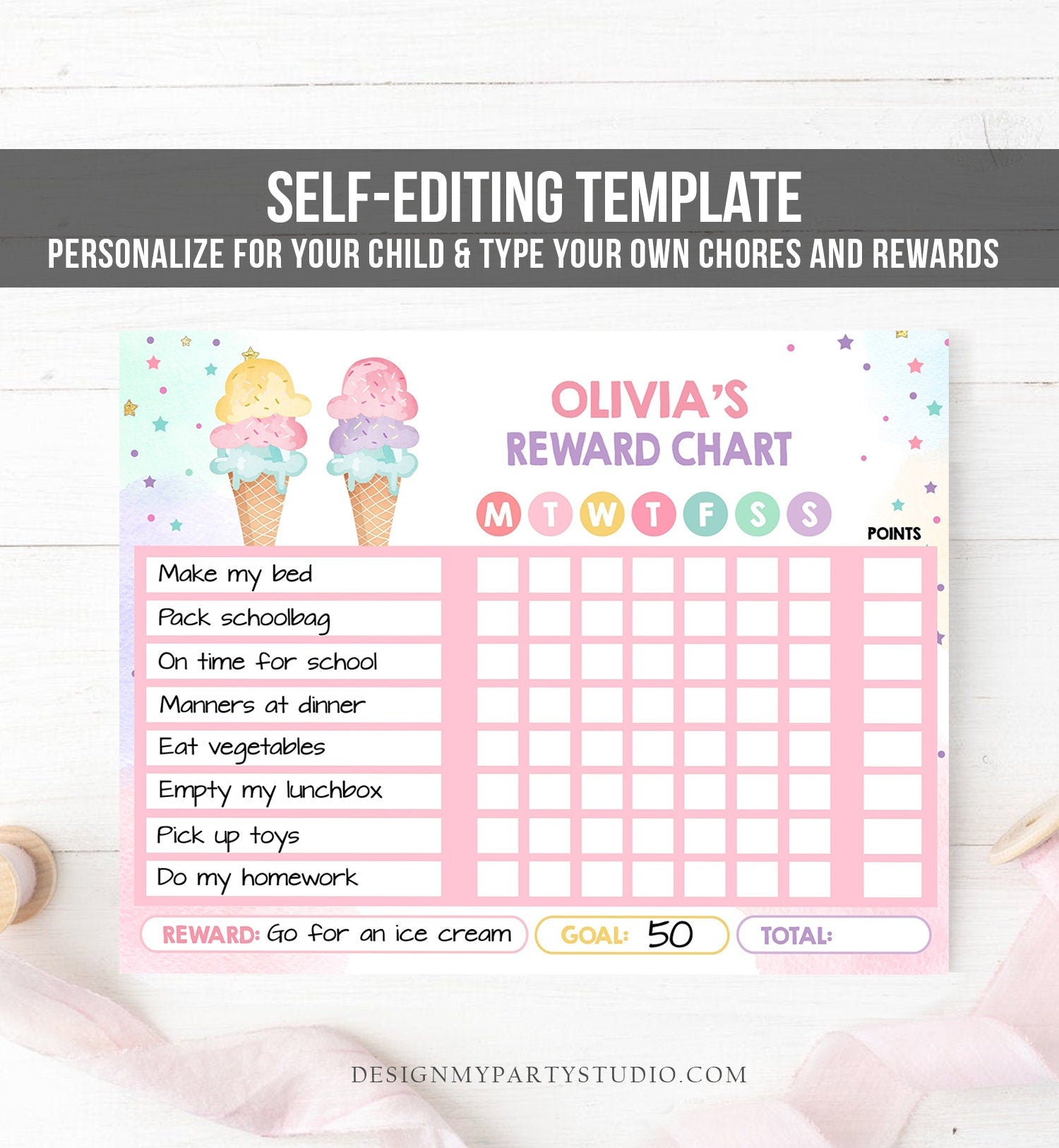 Editable Ice Cream Reward Chart Girls Chore Chart Kids Routine Chart P - Design My Party Studio editable-ice-cream-reward-chart-girls-chore-chart-kids-routine-chart-p-design-my-party-studio
