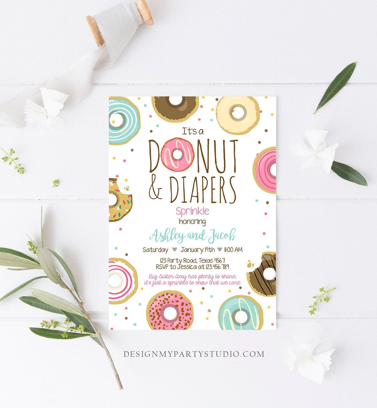 Editable Donut and Diapers Sprinkle Invitation Sprinkled With Love Coed Shower Pink Girl Digital Download Printable Corjl Template 0050