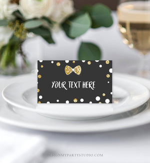Editable Mr Onederful Food Labels Boy First Birthday Place Card Black and Gold Bowtie Tent Card Escort Card Printable Template Corjl 0072