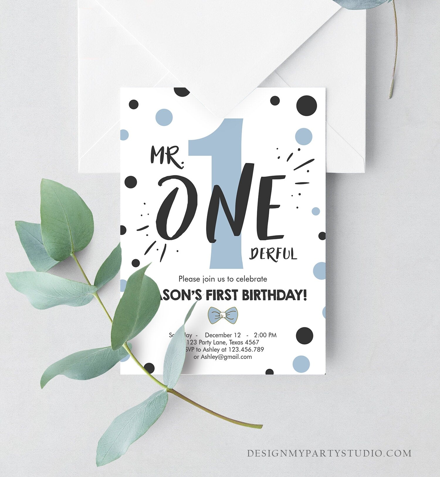 Editable Mr Onederful Birthday Invitation Black Blue Boy Birthday Bowtie Confetti 1st Birthday Download Printable Template Corjl 0072