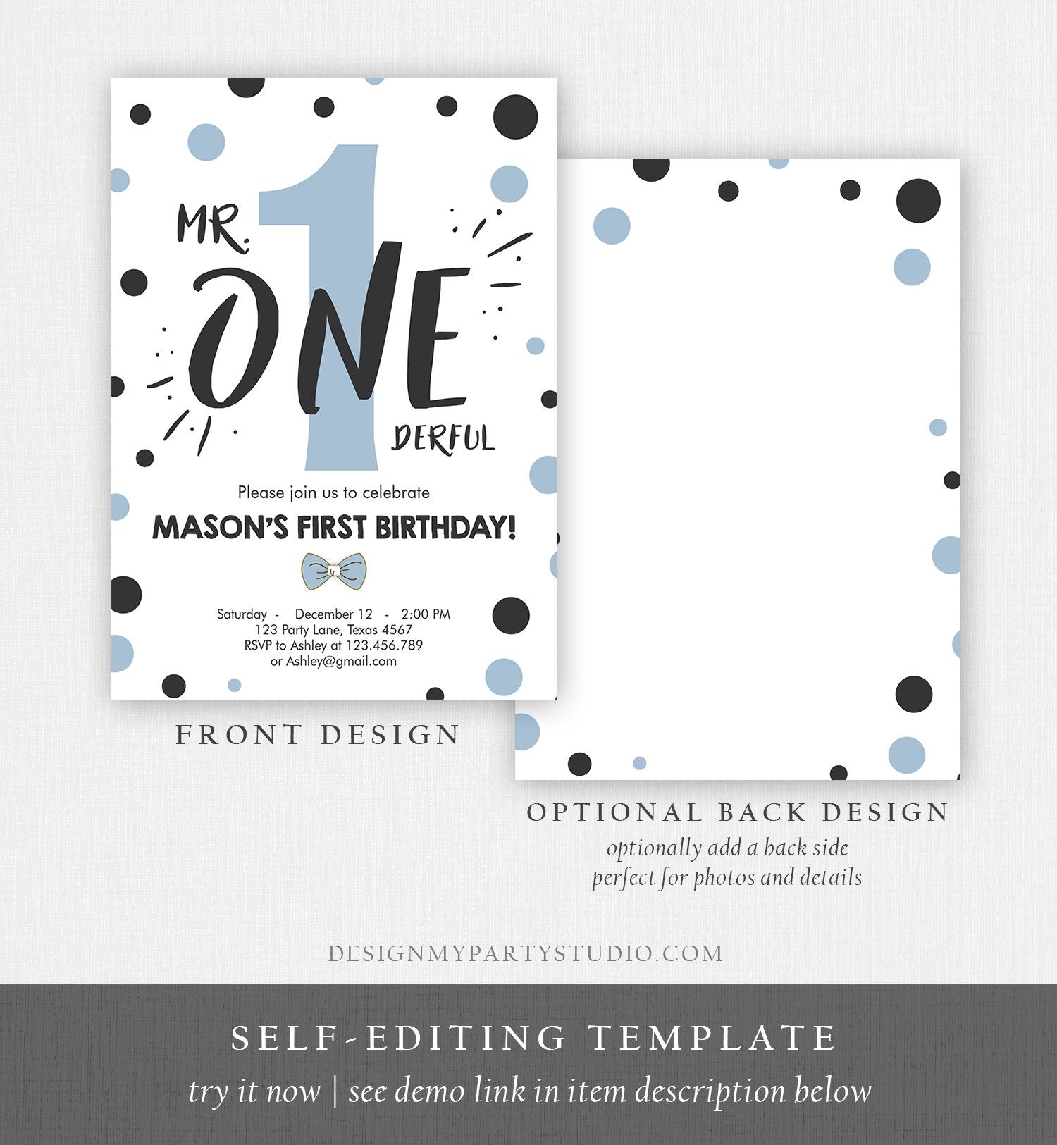 Editable Mr Onederful Birthday Invitation Black Blue Boy Birthday Bowtie Confetti 1st Birthday Download Printable Template Corjl 0072