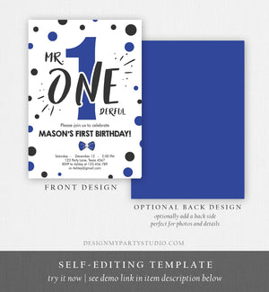 Editable Mr Onederful Birthday Invitation Black Royal Blue Boy Bow Tie Confetti 1st Navy Blue Download Printable Template Digital Corjl 0072