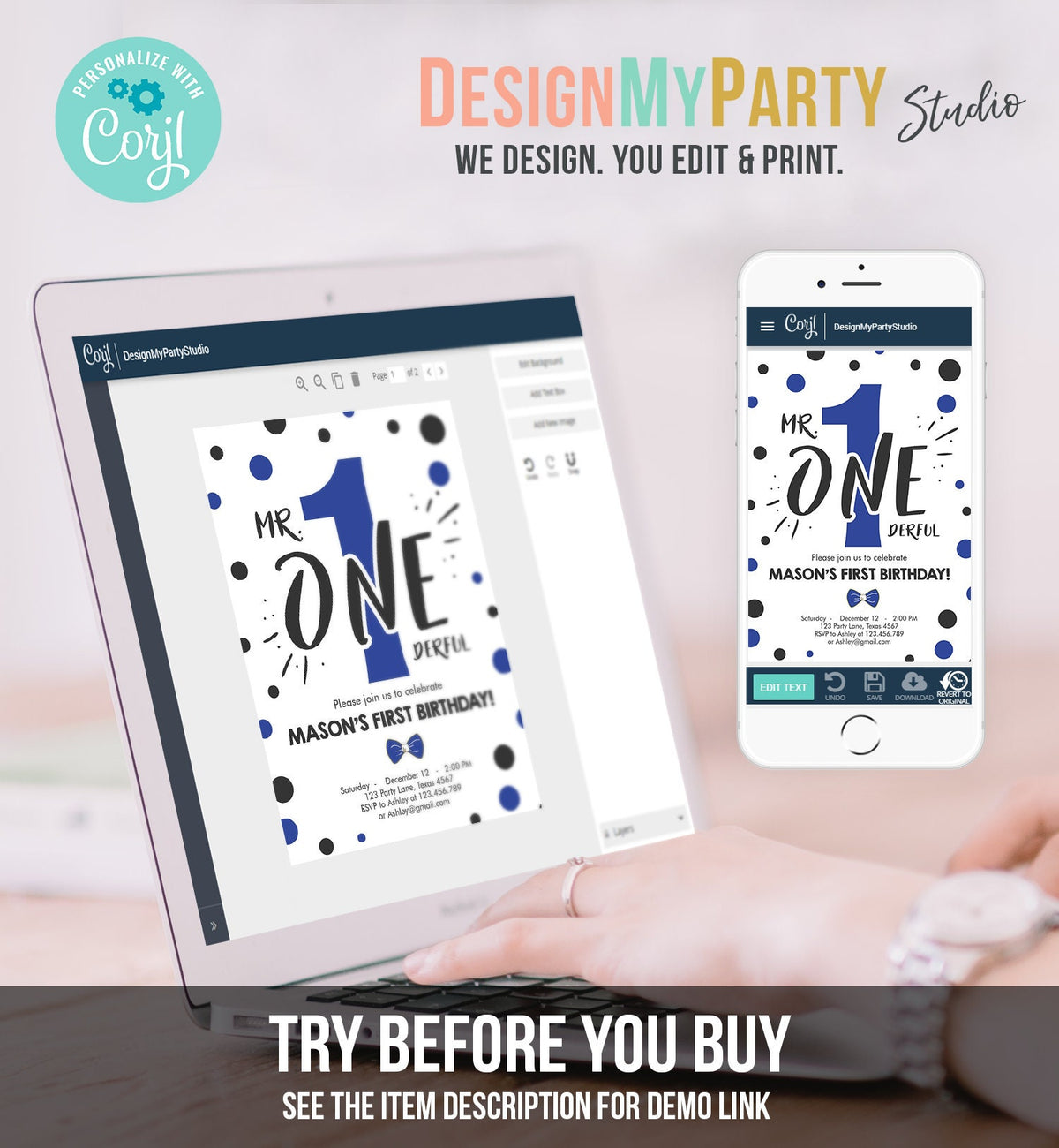 Editable Mr Onederful Birthday Invitation Black Royal Blue Boy Bow Tie Confetti 1st Navy Blue Download Printable Template Digital Corjl 0072