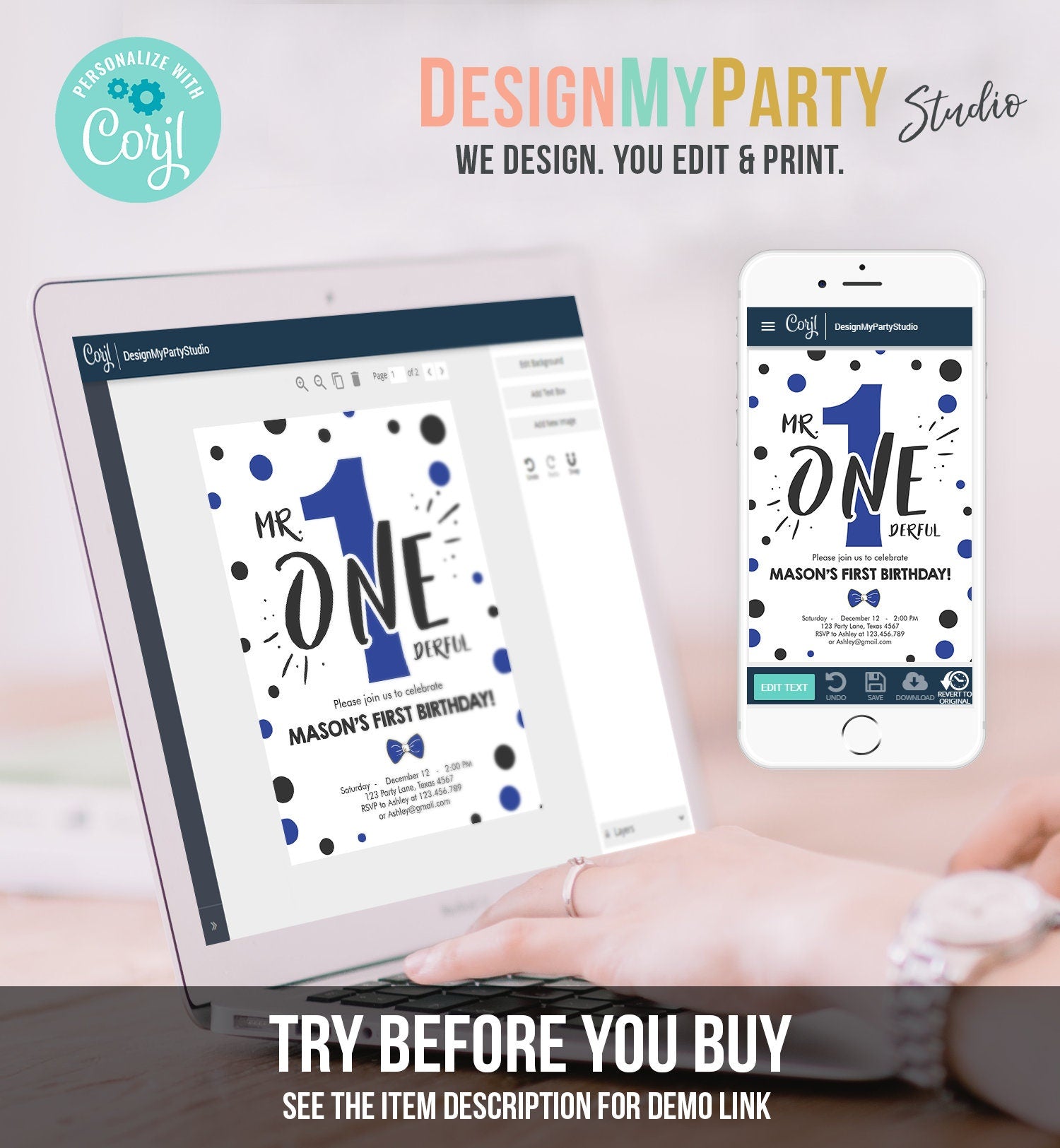 Editable Mr Onederful Birthday Invitation Black Royal Blue Boy Bow Tie Confetti 1st Navy Blue Download Printable Template Digital Corjl 0072