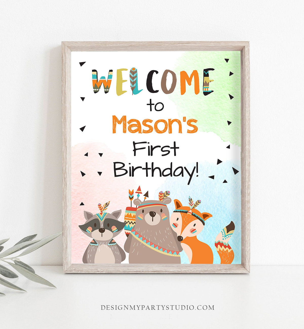 Editable Tribal Woodland Welcome Sign Wild One Birthday Party Welcome Boy First Birthday Tribal Animals Template PRINTABLE Corjl 0061