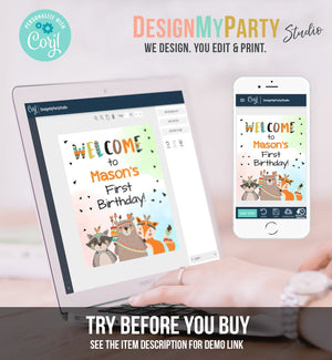 Editable Tribal Woodland Welcome Sign Wild One Birthday Party Welcome Boy First Birthday Tribal Animals Template PRINTABLE Corjl 0061