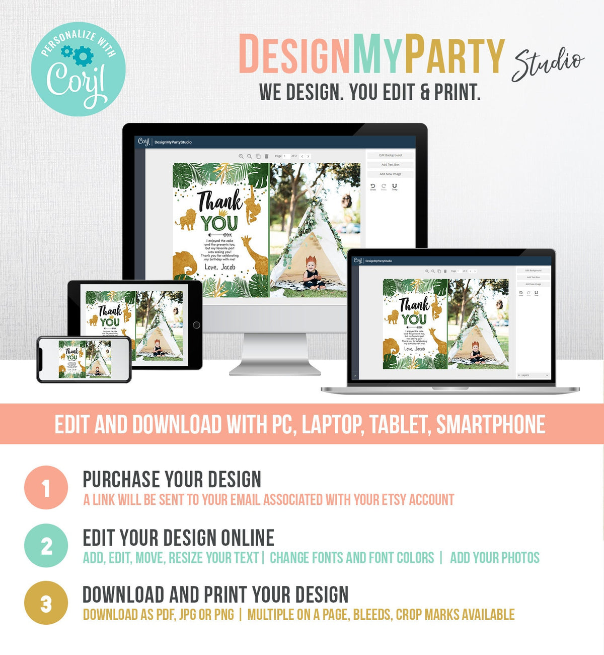 Editable Thank You Card Safari Animals Wild One Thank You Note Black Gold Photo Boy Zoo Animals Digital Evite Template Printable 0016