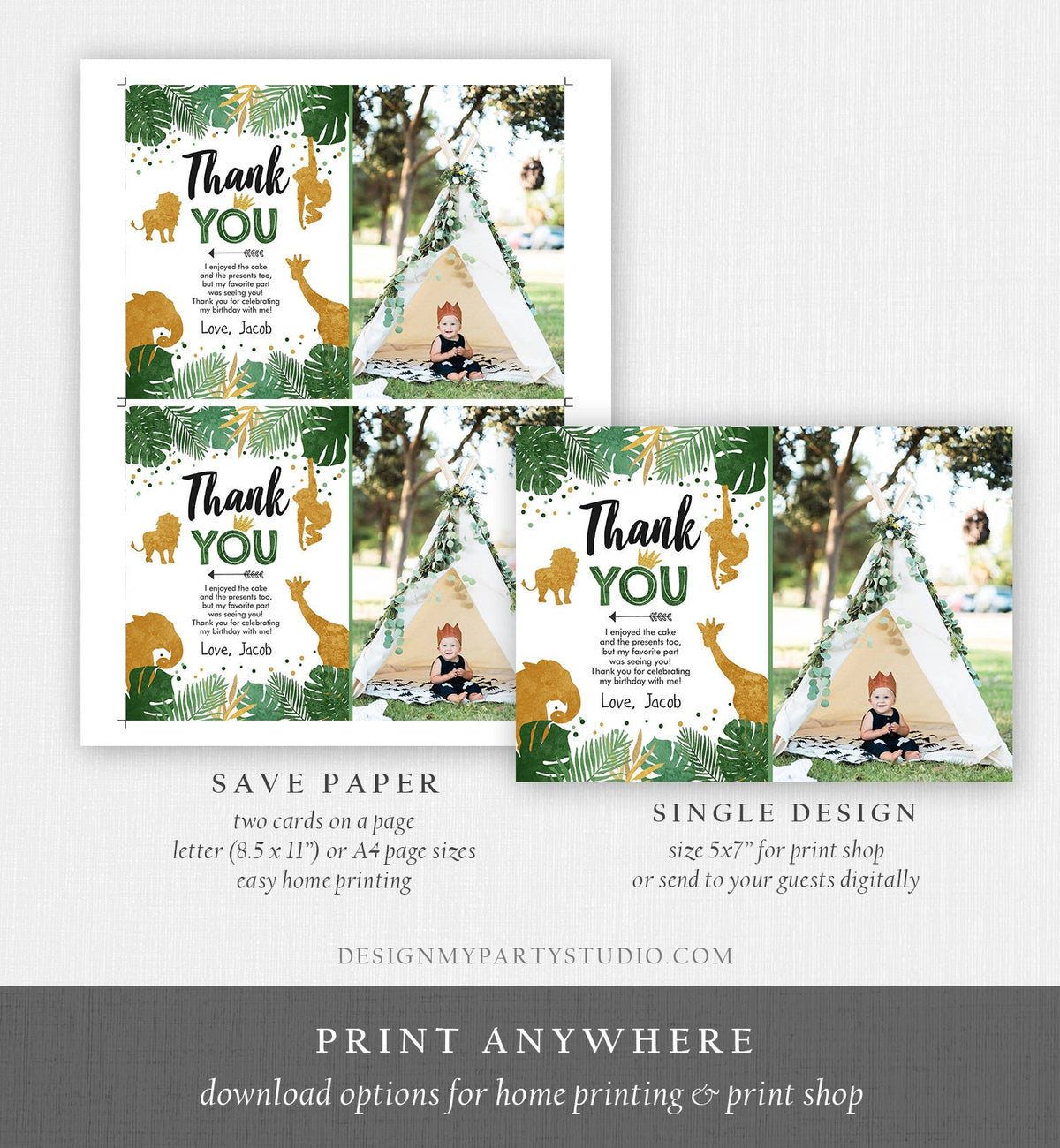 Editable Thank You Card Safari Animals Wild One Thank You Note Black Gold Photo Boy Zoo Animals Digital Evite Template Printable 0016