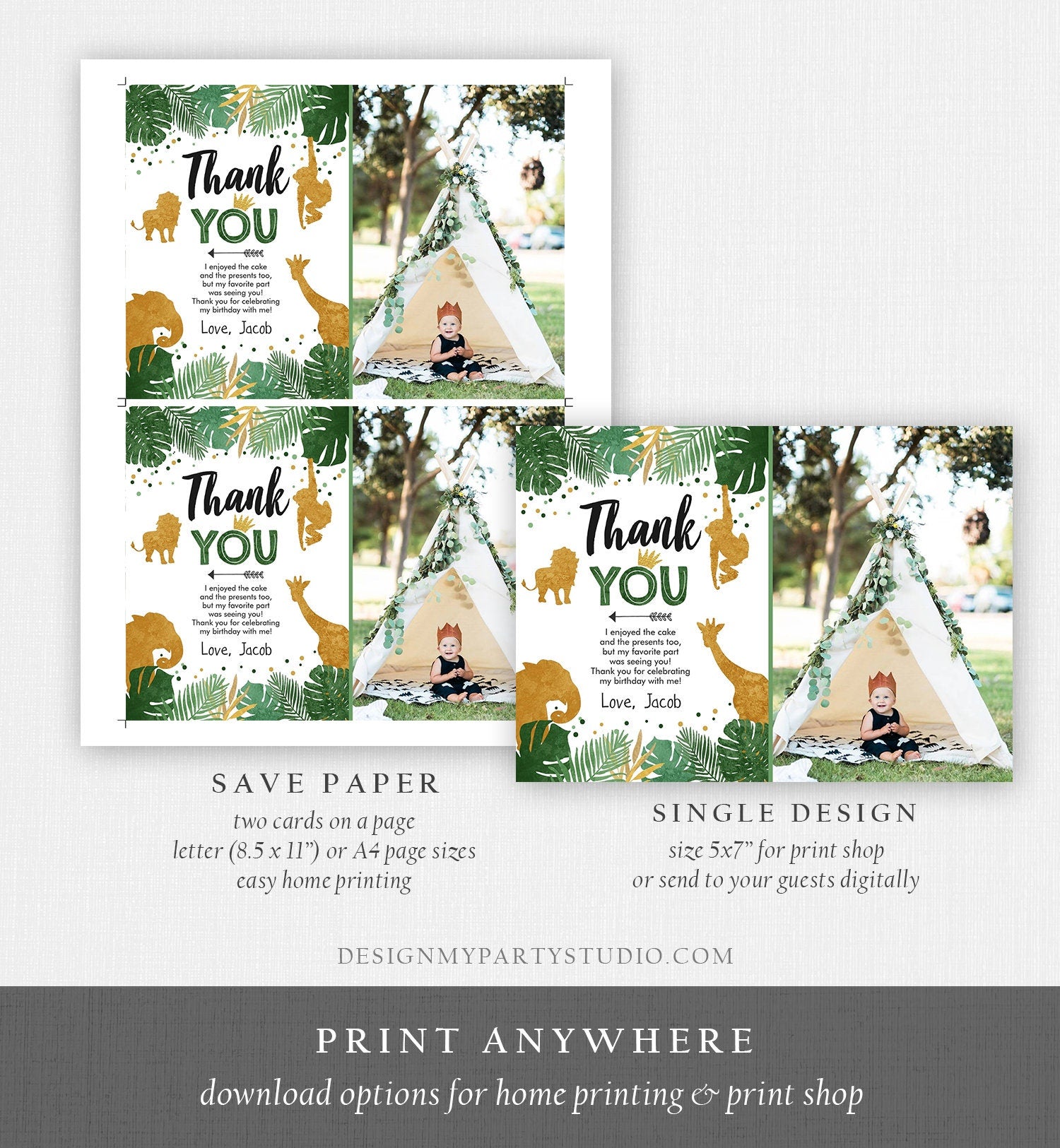 Editable Thank You Card Safari Animals Wild One Thank You Note Black Gold Photo Boy Zoo Animals Digital Evite Template Printable 0016