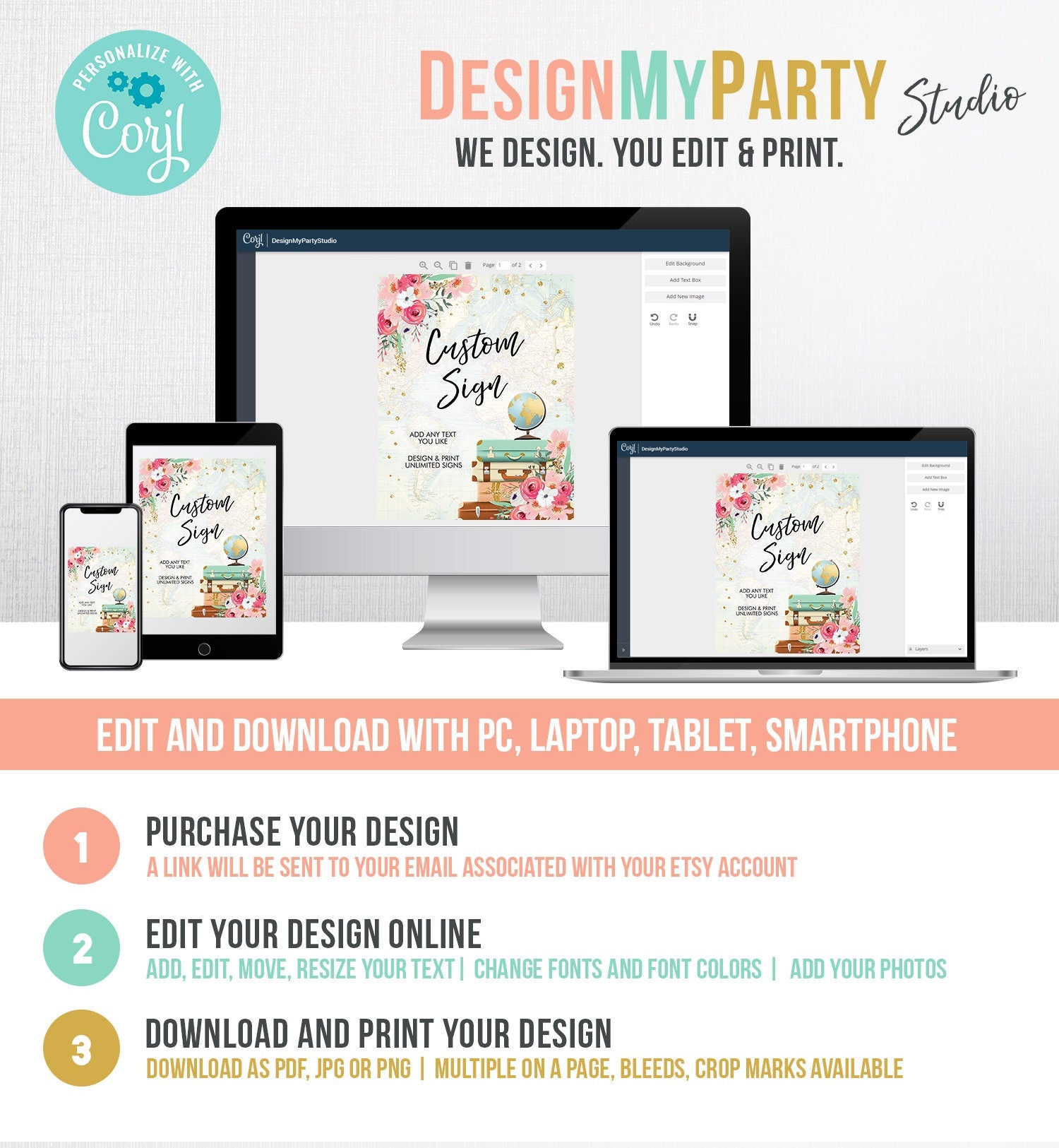 Editable Custom Sign Floral Travel Adventure Bridal Shower Traveling Flowers Pink Gold Confetti Digital Download Template Printable 0030