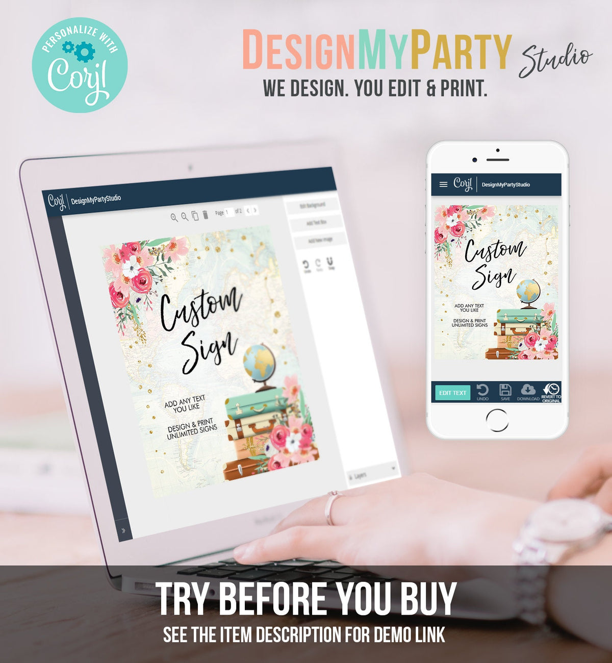 Editable Custom Sign Floral Travel Adventure Bridal Shower Traveling Flowers Pink Gold Confetti Digital Download Template Printable 0030