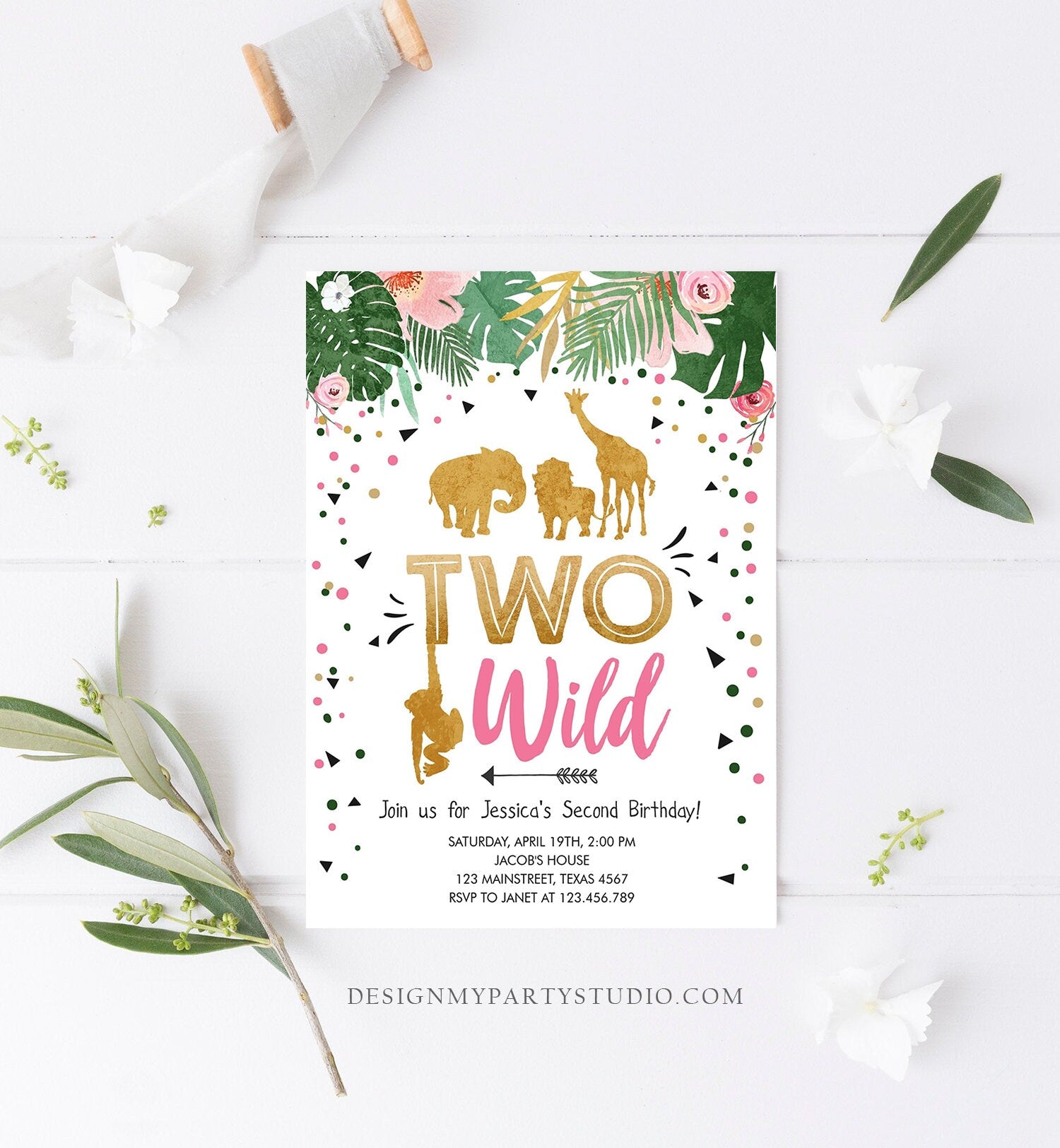 Editable Two Wild Birthday Invitation Safari Animals Jungle Zoo Wild One Party Girl Pink Gold Digital Download Template Printable 0016