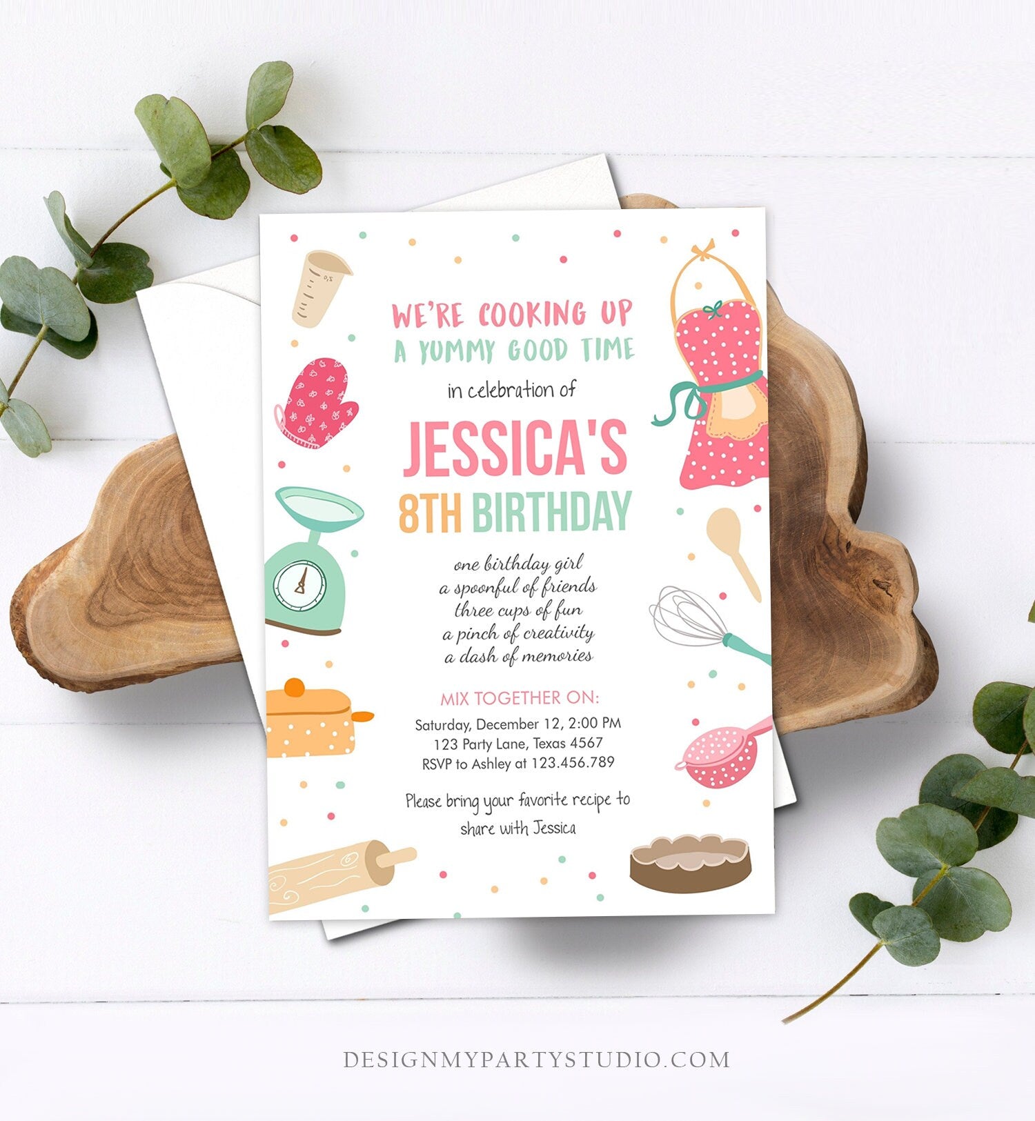 Editable Kids Kitchen Cooking Birthday Invitation Pink Girl Chef Baking Party Cakes Pies Cupcakes Download Printable Corjl Template 0219