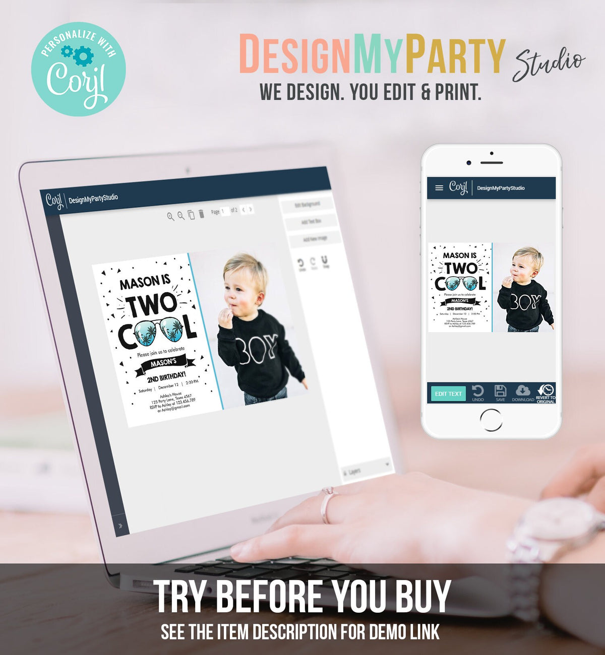 Editable Two Cool Birthday Invitation Boy Second Birthday Party 2nd I&#39;m this Many I&#39;m Two Cool Sunglasses Palm Printable Corjl Template 0136