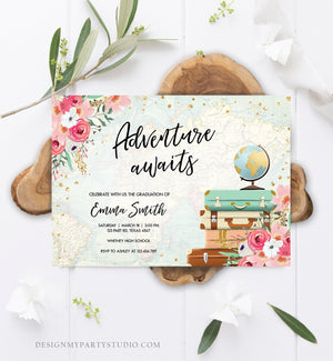 Editable Adventure Awaits Graduation Party Invitation Vintage Travel Around the World Pink Gold Floral Girl Corjl Template Printable 0030