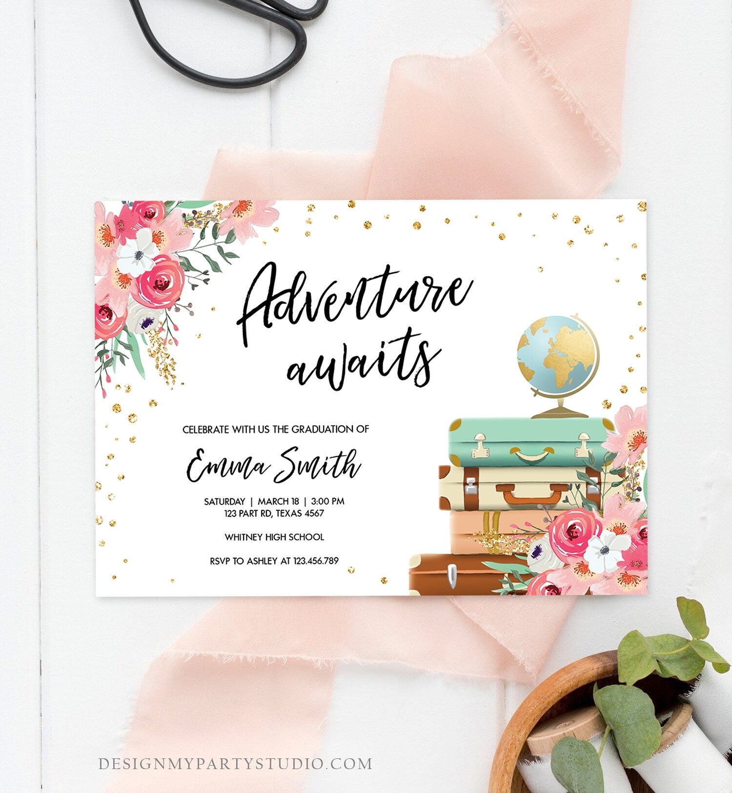 Editable Adventure Awaits Graduation Party Invitation Vintage Travel Around the World Pink Gold Floral Girl Corjl Template Printable 0030