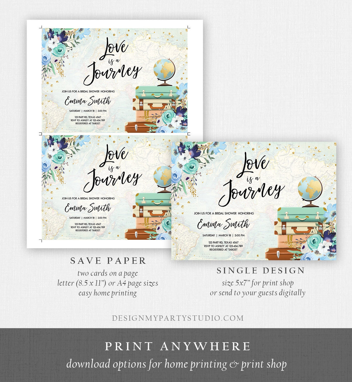 Editable Love is a Journey Bridal Shower Invitation Travel Adventure Confetti Blue Floral Suitcases Digital Download Template Printable 0030