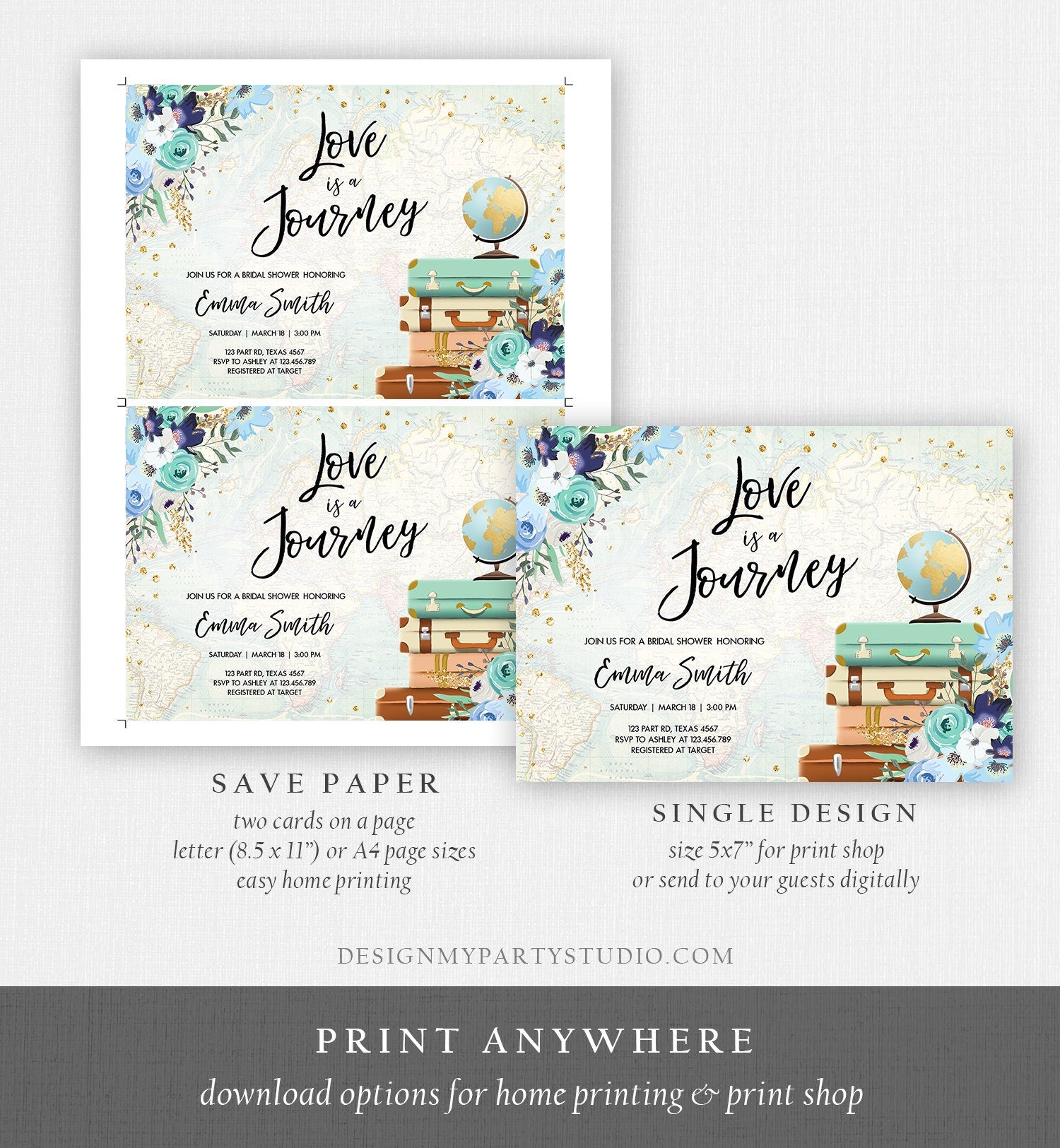 Editable Love is a Journey Bridal Shower Invitation Travel Adventure Confetti Blue Floral Suitcases Digital Download Template Printable 0030