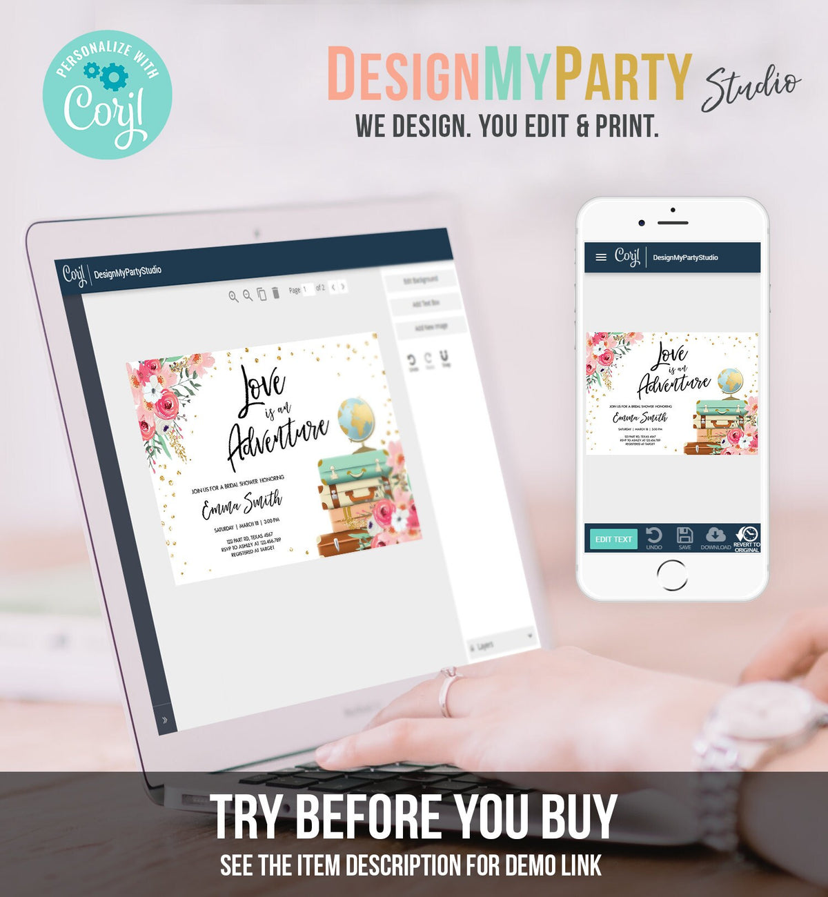 Editable Love is an Adventure Bridal Shower Invitation Travel Gold Confetti Pink Floral Suitcases Digital Download Template Printable 0030