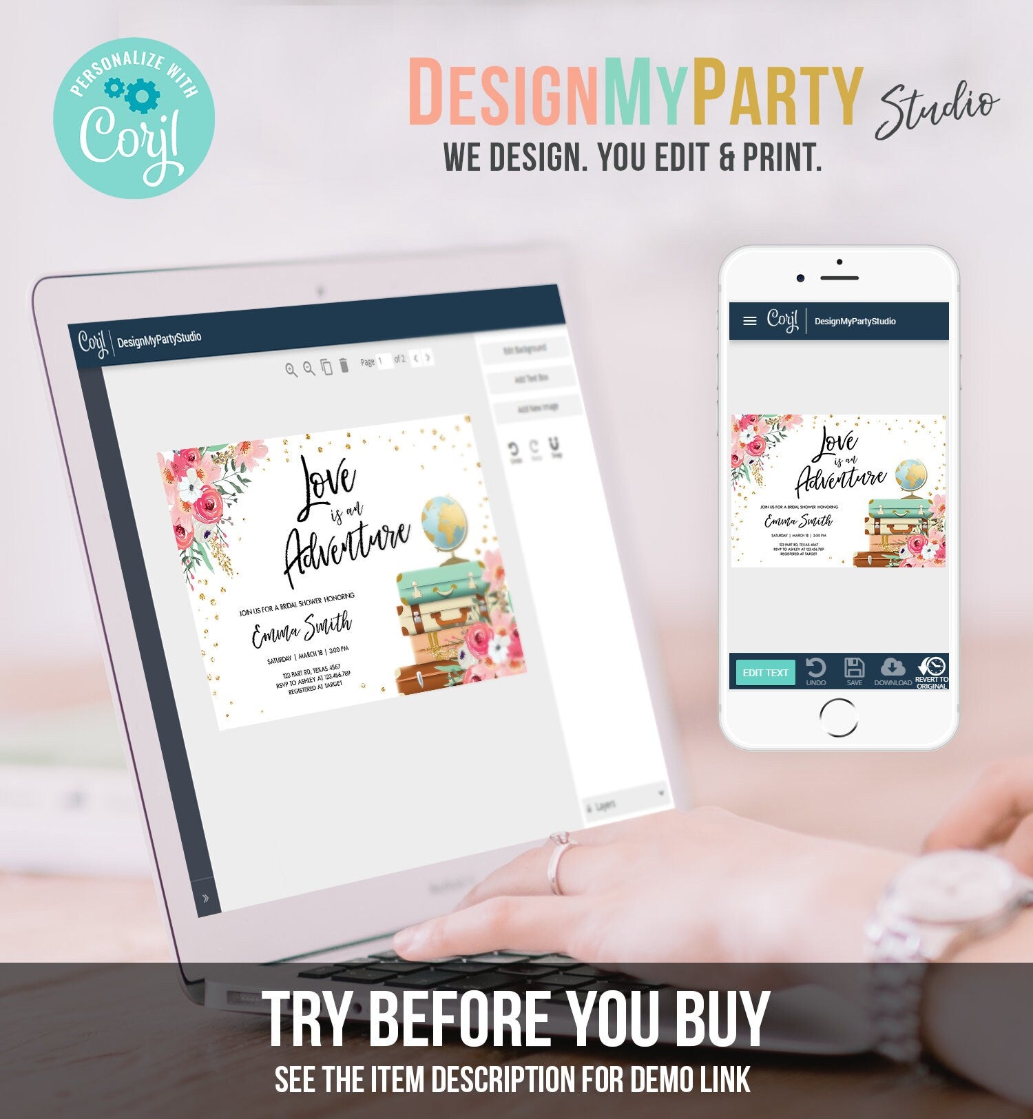 Editable Love is an Adventure Bridal Shower Invitation Travel Gold Confetti Pink Floral Suitcases Digital Download Template Printable 0030