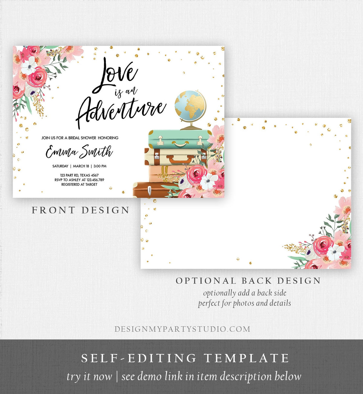 Editable Love is an Adventure Bridal Shower Invitation Travel Gold Confetti Pink Floral Suitcases Digital Download Template Printable 0030