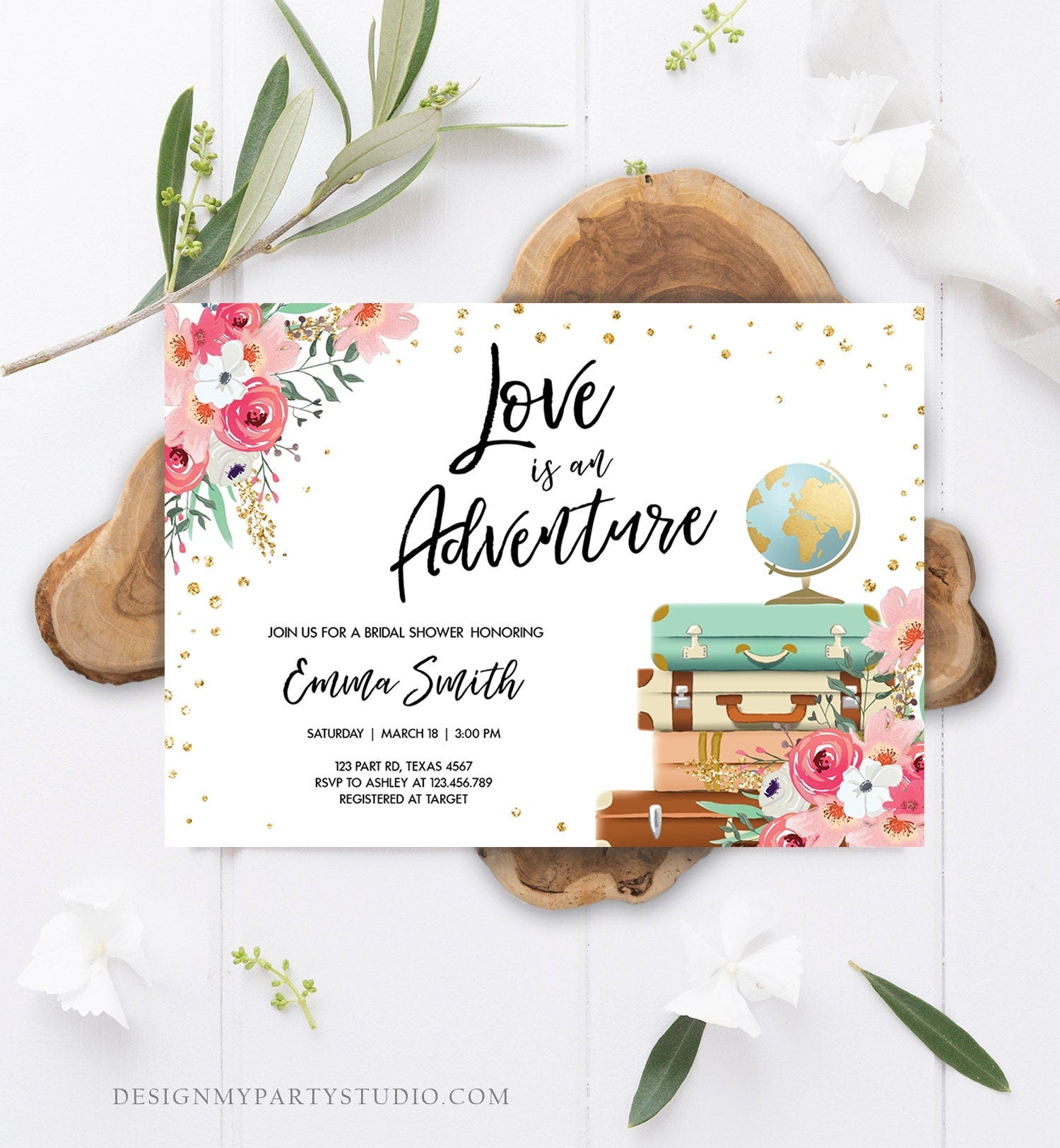 Editable Love is an Adventure Bridal Shower Invitation Travel Gold Confetti Pink Floral Suitcases Digital Download Template Printable 0030