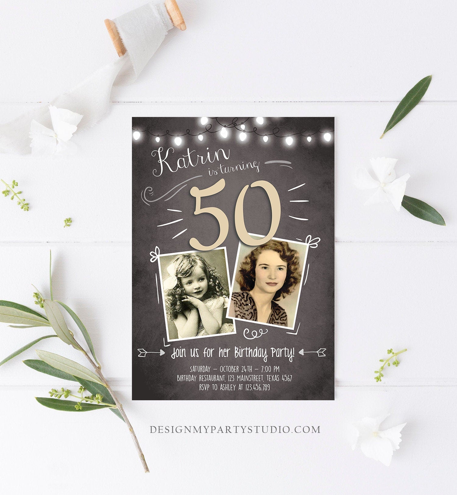 Editable 50th Birthday Invitation ANY AGE Chalkboard Rustic Adult Fifty Photo Vintage Golden Jubilee Anniversary Corjl Template 0230