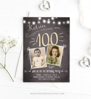 Editable 100th Birthday Invitation ANY AGE Chalkboard Rustic Adult Hundred Centennial Centenary Jubilee Anniversary Corjl Template 0230