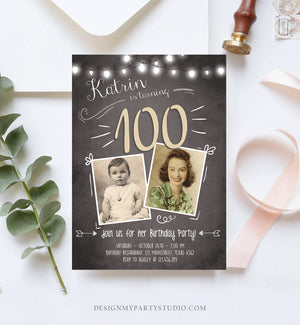 Editable 100th Birthday Invitation ANY AGE Chalkboard Rustic Adult Hundred Centennial Centenary Jubilee Anniversary Corjl Template 0230