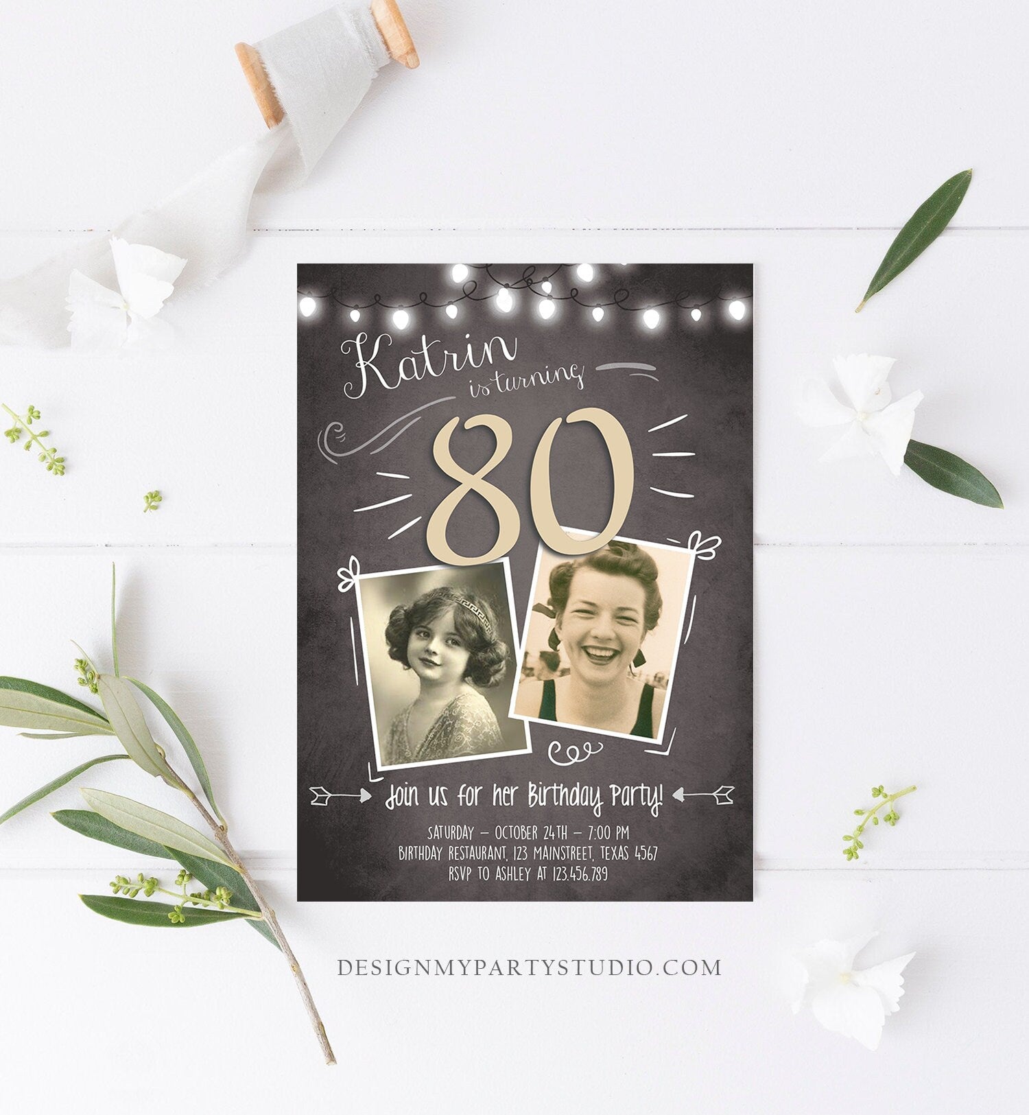 Editable 80th Birthday Invitation ANY AGE Chalkboard Rustic Adult Eighty Photo Vintage Jubilee Anniversary Download Corjl Template 0230