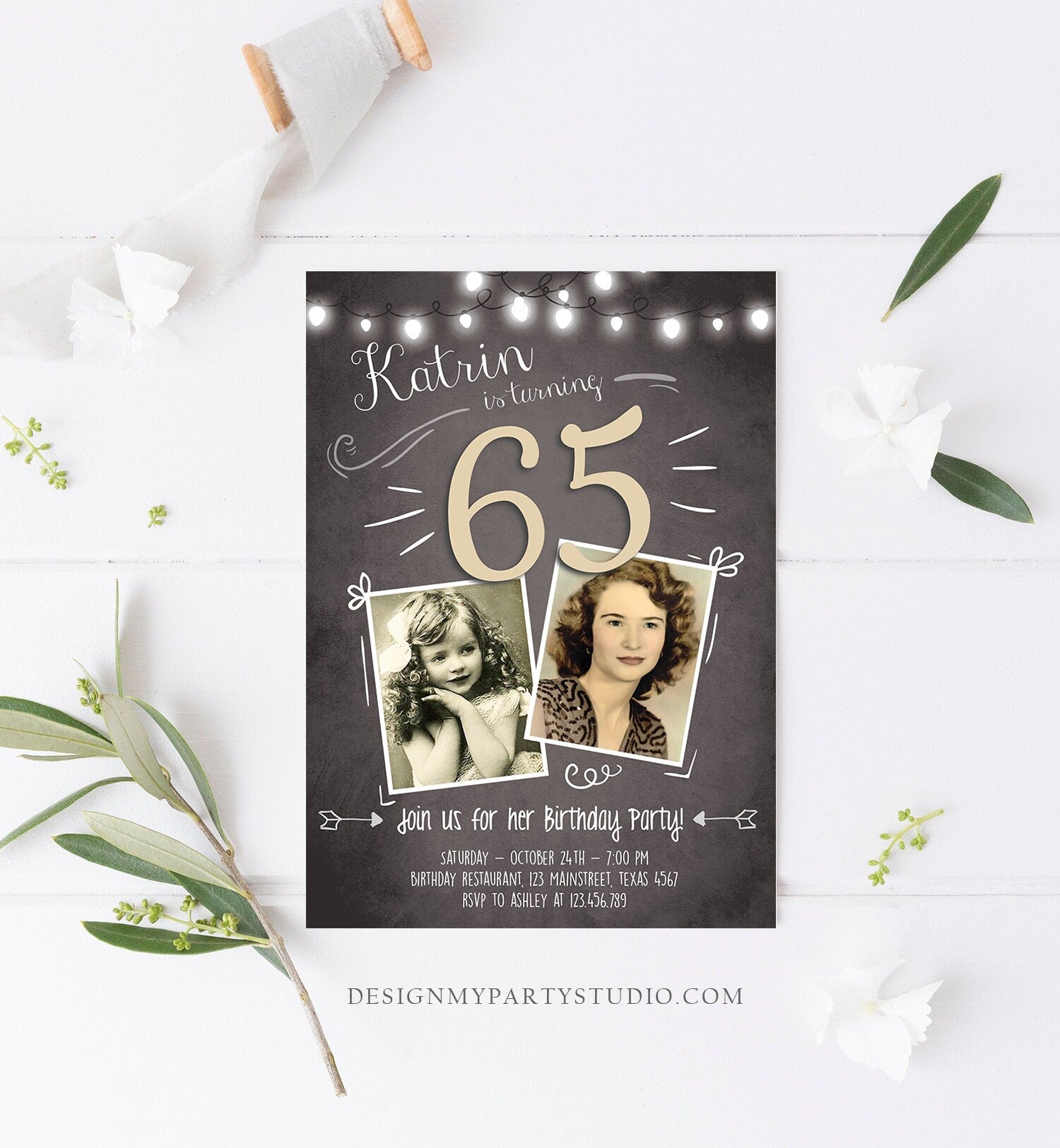 Editable 65th Birthday Invitation ANY AGE Chalkboard Rustic Adult Sixty Fifth Photo Vintage Sapphire Jubilee Anniversary Corjl Template 0230