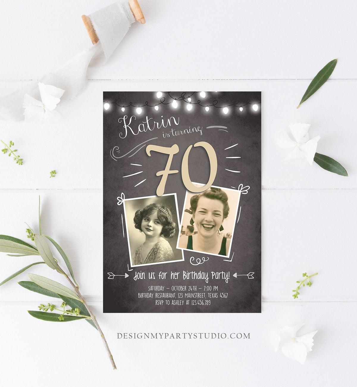 Editable 70th Birthday Invitation ANY AGE Chalkboard Rustic Adult Seventy Photo Vintage Platinum Jubilee Anniversary Corjl Template 0230