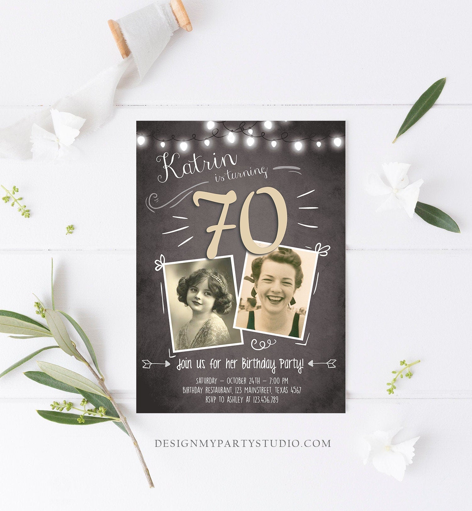 Editable 70th Birthday Invitation ANY AGE Chalkboard Rustic Adult Seventy Photo Vintage Platinum Jubilee Anniversary Corjl Template 0230