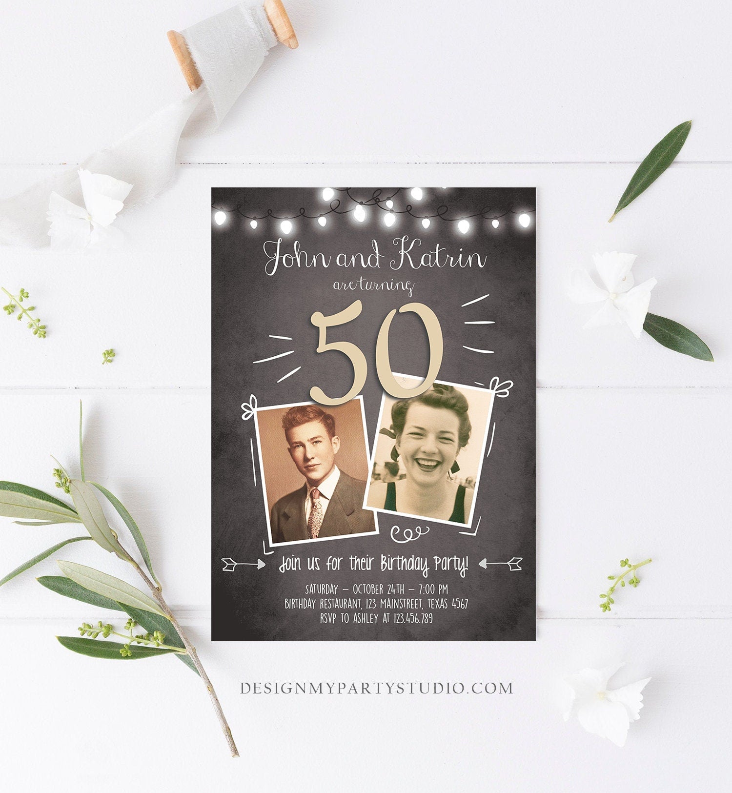 Editable 50th Joint Coed Birthday Invitation ANY AGE Rustic Adult Fifty Photo Vintage Jubilee Anniversary Digital Template Printable 0230