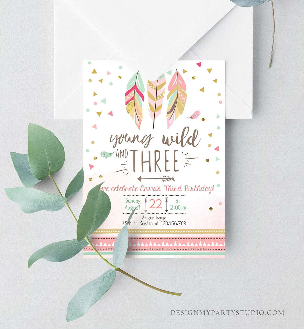 Editable Young Wild and Three Invitation Girl Pink and Gold 3rd Birthday Three Third Boho Digital Download Evite Template Printable 0073