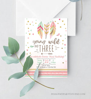 Editable Young Wild and Three Invitation Girl Pink and Gold 3rd Birthday Three Third Boho Download Printable Template Digital Corjl 0073