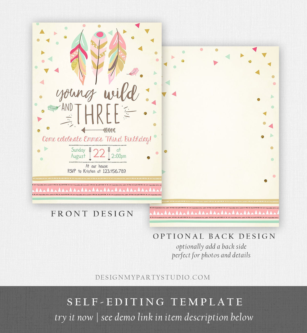 Editable Young Wild and Three Invitation Girl Pink 3rd Third Birthday Tribal Feathers Boho Digital Download Evite Template Printable 0073