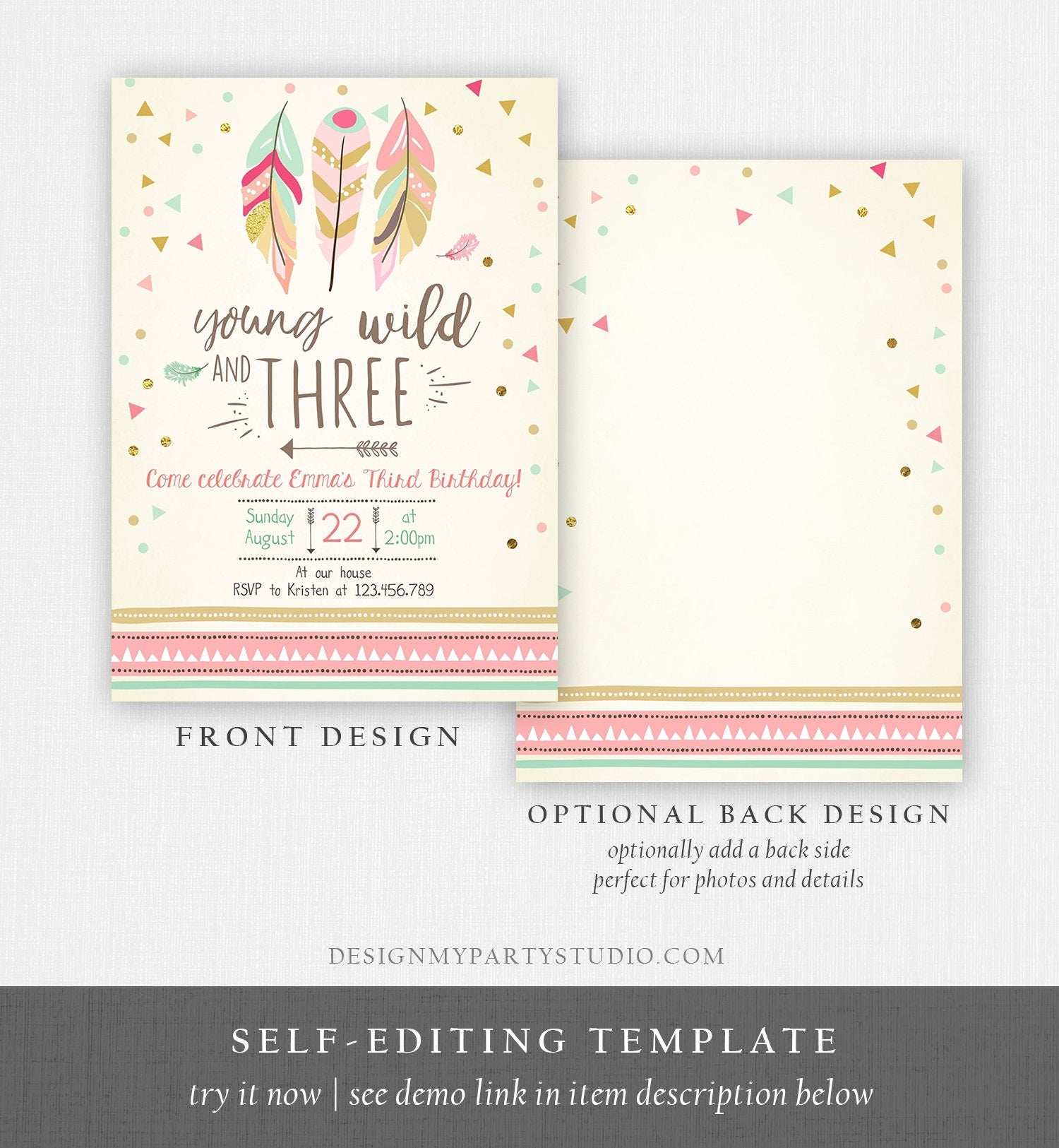 Editable Young Wild and Three Invitation Girl Pink 3rd Third Birthday Tribal Feathers Boho Digital Download Evite Template Printable 0073