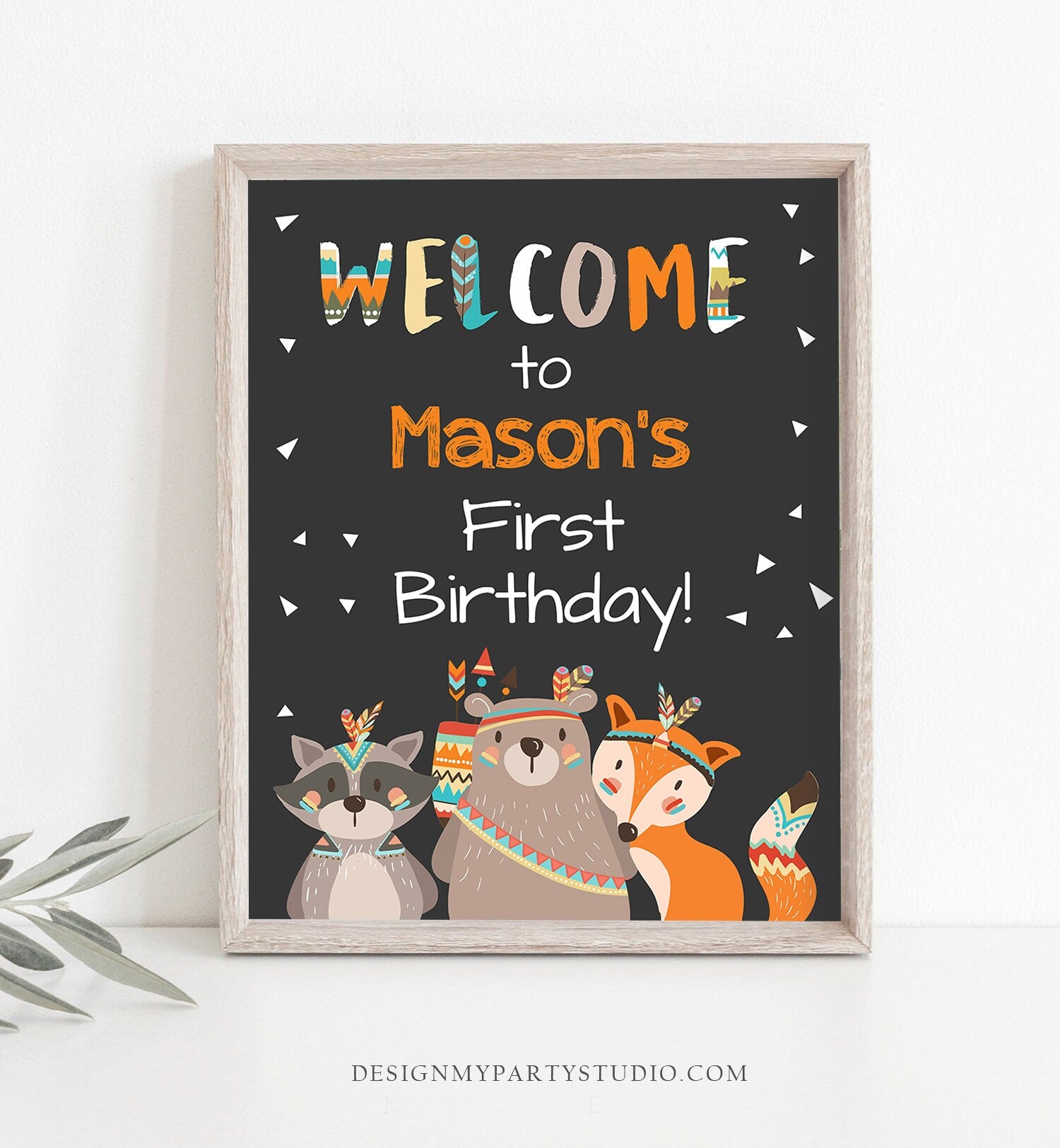 Editable Tribal Woodland Welcome Sign Wild One Birthday Party Welcome Boy First Birthday Tribal Animals Template PRINTABLE Corjl 0061