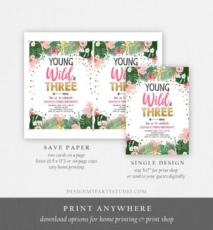 Editable Young Wild and Three Birthday Invitation Floral Pink Gold Party Safari Pink Tropical Flowers Download Printable Corjl Template 0332