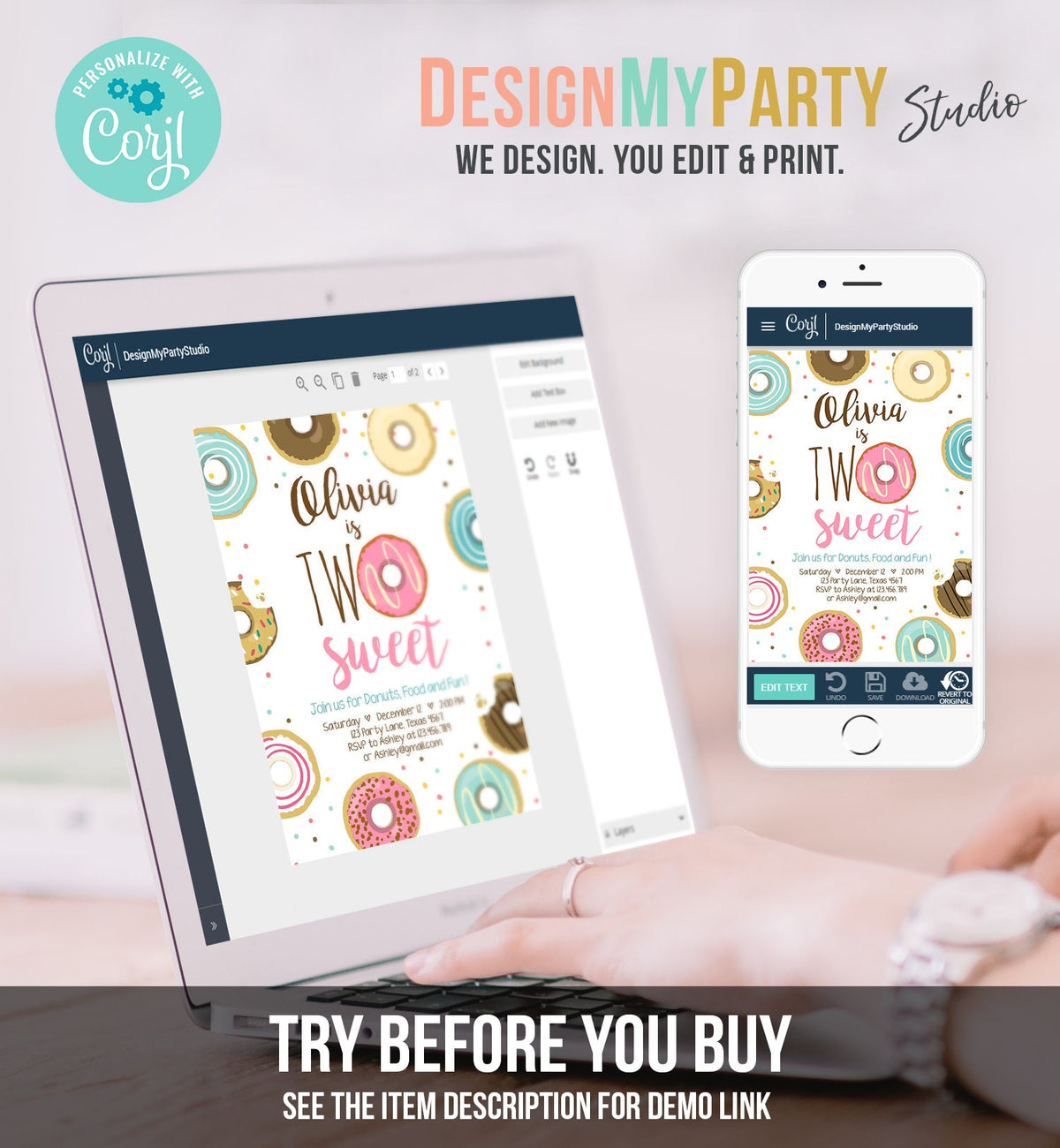 Editable Two Sweet Donut Birthday Invitation Second 2nd Girl Pink Doughnut Party Digital Download Evite Template Printable 0050