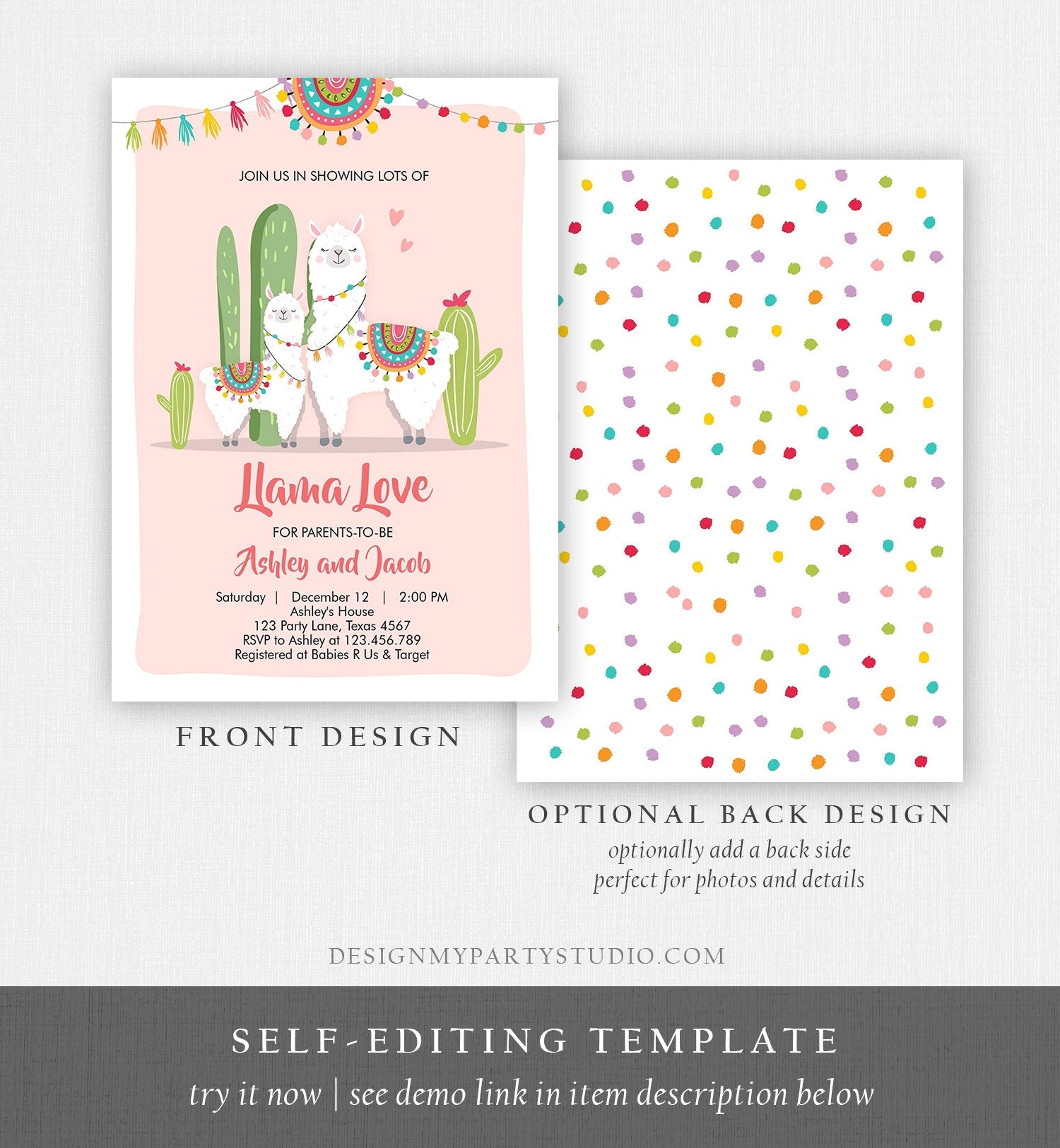 Editable Llama Baby Shower Invitation Llama Love Fiesta Cactus Mexican Couples Shower Pink Girl Digital Download Template Printable 0079