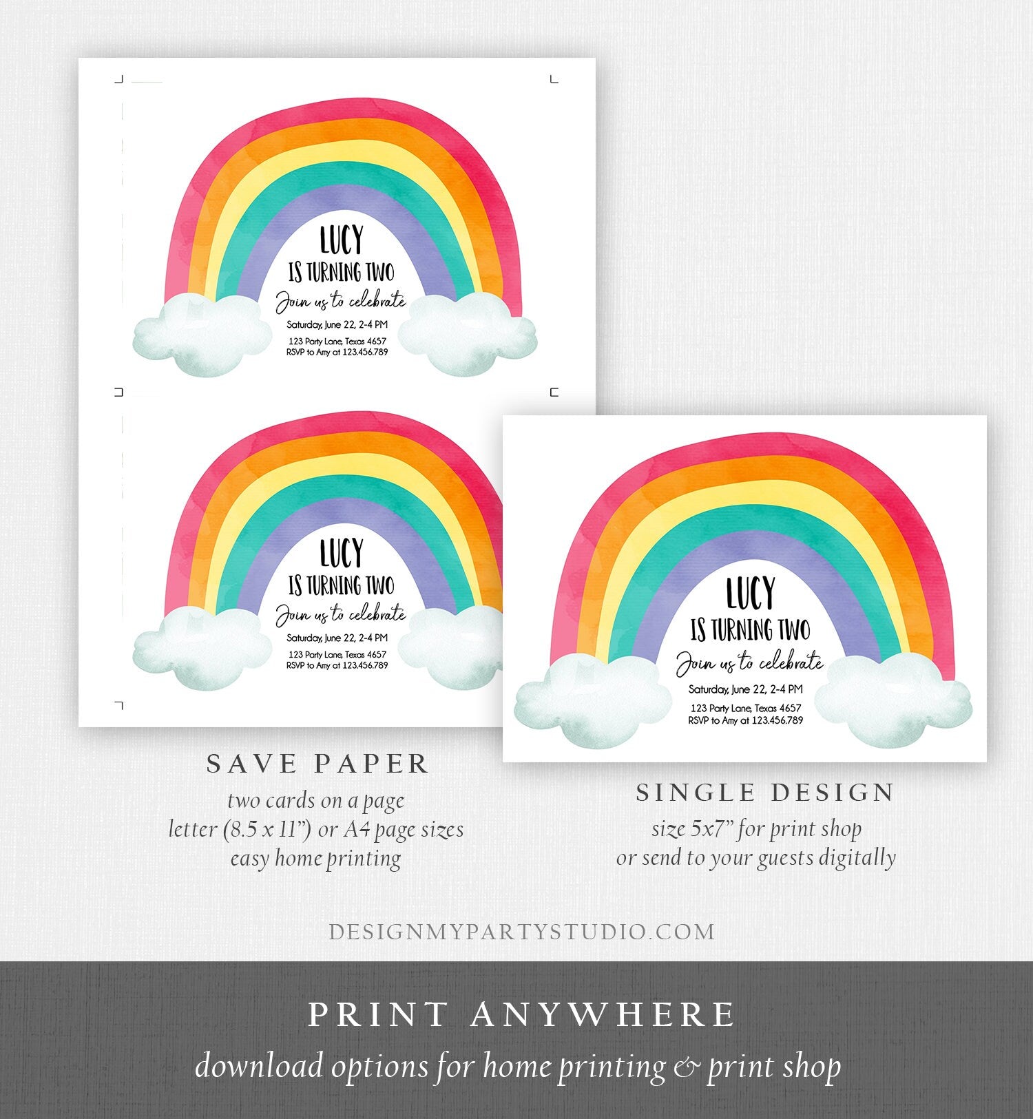 Editable Rainbow Birthday Invitation Kids Girl Boy Neutral Party Clouds Colorful Rainbow Colors Digital Corjl Template Printable 0272