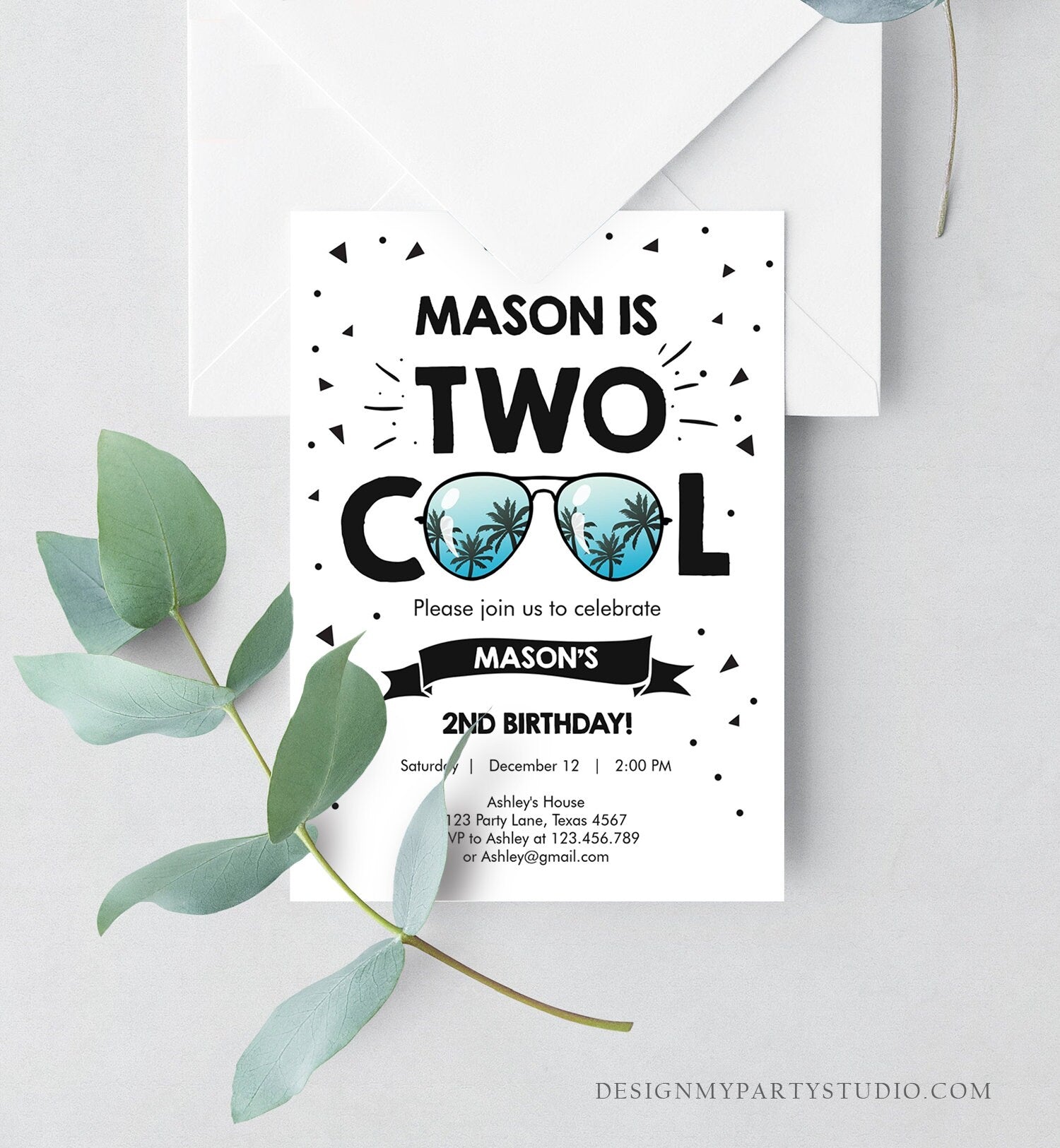 Editable Two Cool Birthday Invitation Boy Second Birthday Party 2nd I&#39;m this Many I&#39;m Two Cool Sunglasses Palm Corjl Template Printable 0136