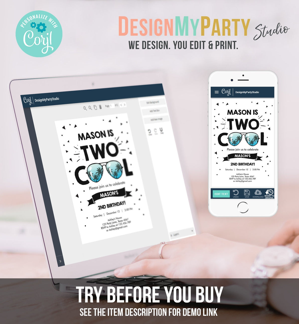 Editable Two Cool Birthday Invitation Boy Second Birthday Party 2nd I&#39;m this Many Two Cool Sunglasses Palm Digital Template Printable 0136