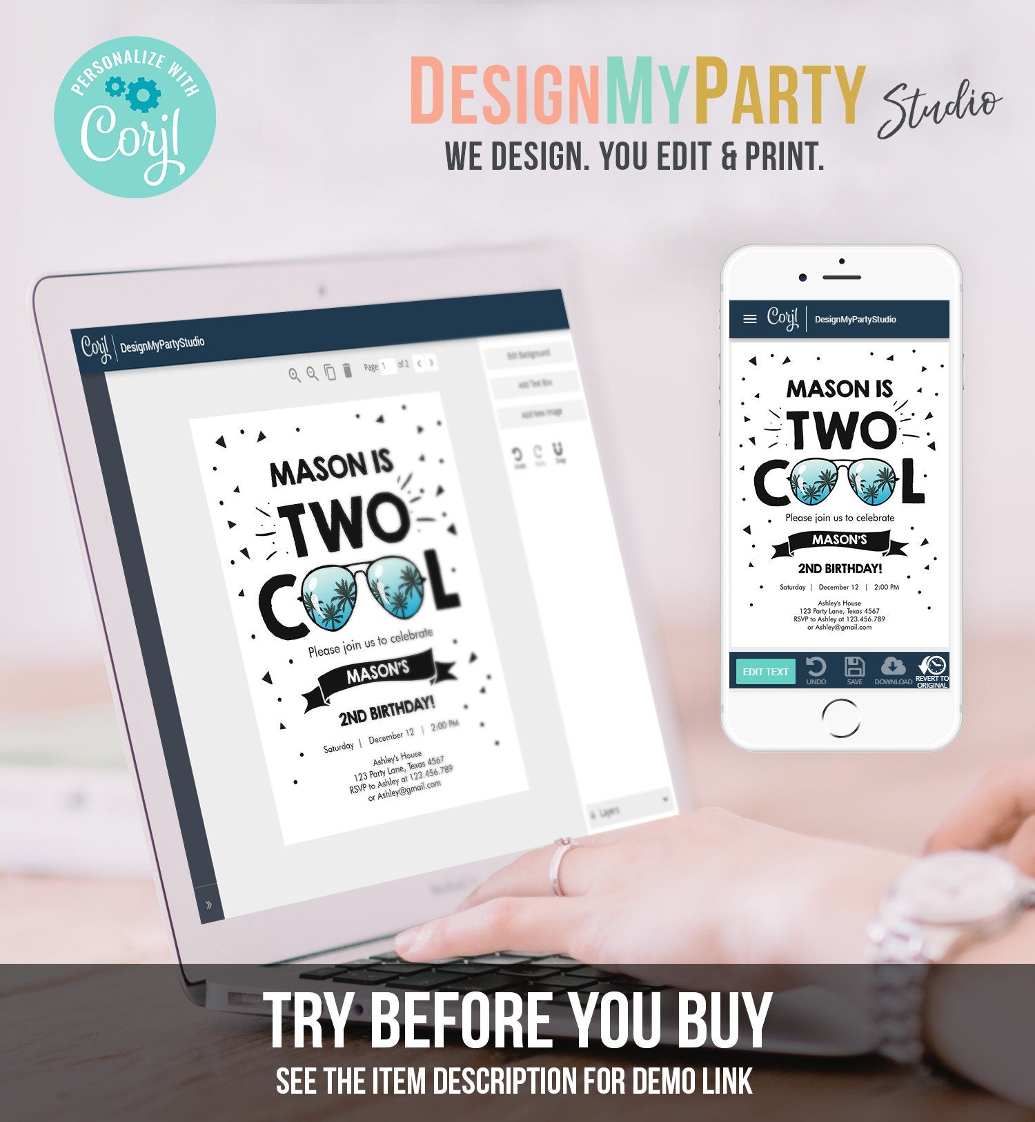 Editable Two Cool Birthday Invitation Boy Second Birthday Party 2nd I'm this Many Two Cool Sunglasses Palm Digital Template Printable 0136