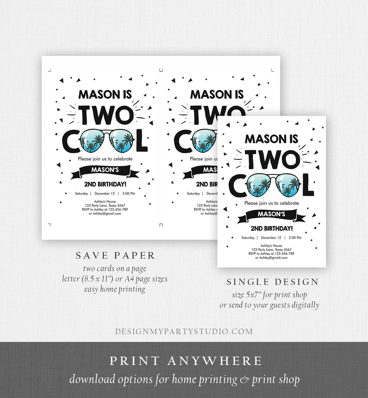 Editable Two Cool Birthday Invitation Boy Second Birthday Party 2nd I&#39;m this Many Two Cool Sunglasses Palm Digital Template Printable 0136