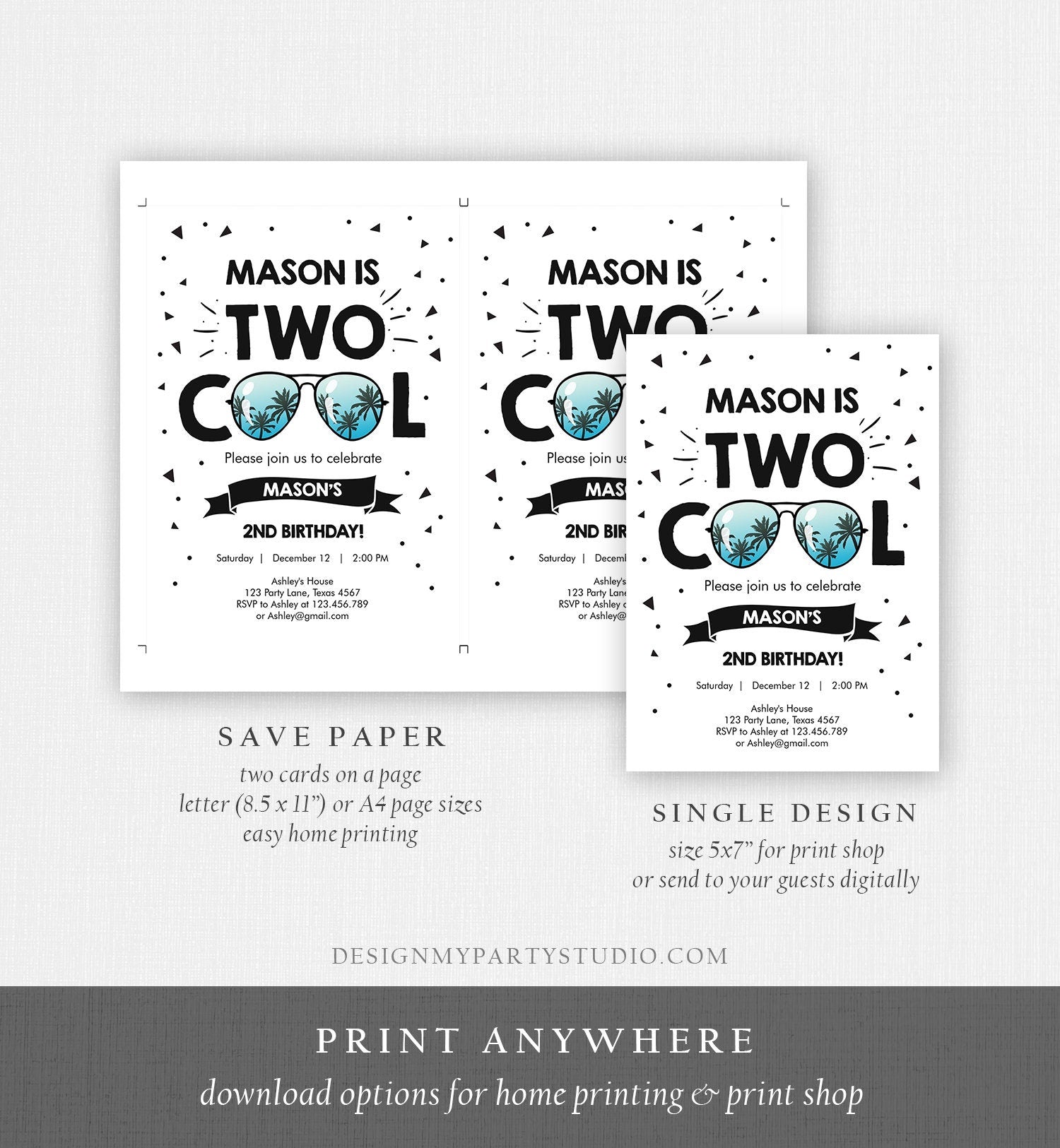 Editable Two Cool Birthday Invitation Boy Second Birthday Party 2nd I'm this Many Two Cool Sunglasses Palm Digital Template Printable 0136