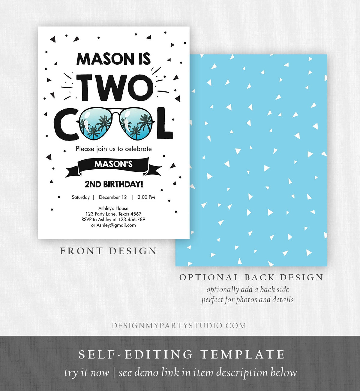 Editable Two Cool Birthday Invitation Boy Second Birthday Party 2nd I&#39;m this Many Two Cool Sunglasses Palm Digital Template Printable 0136