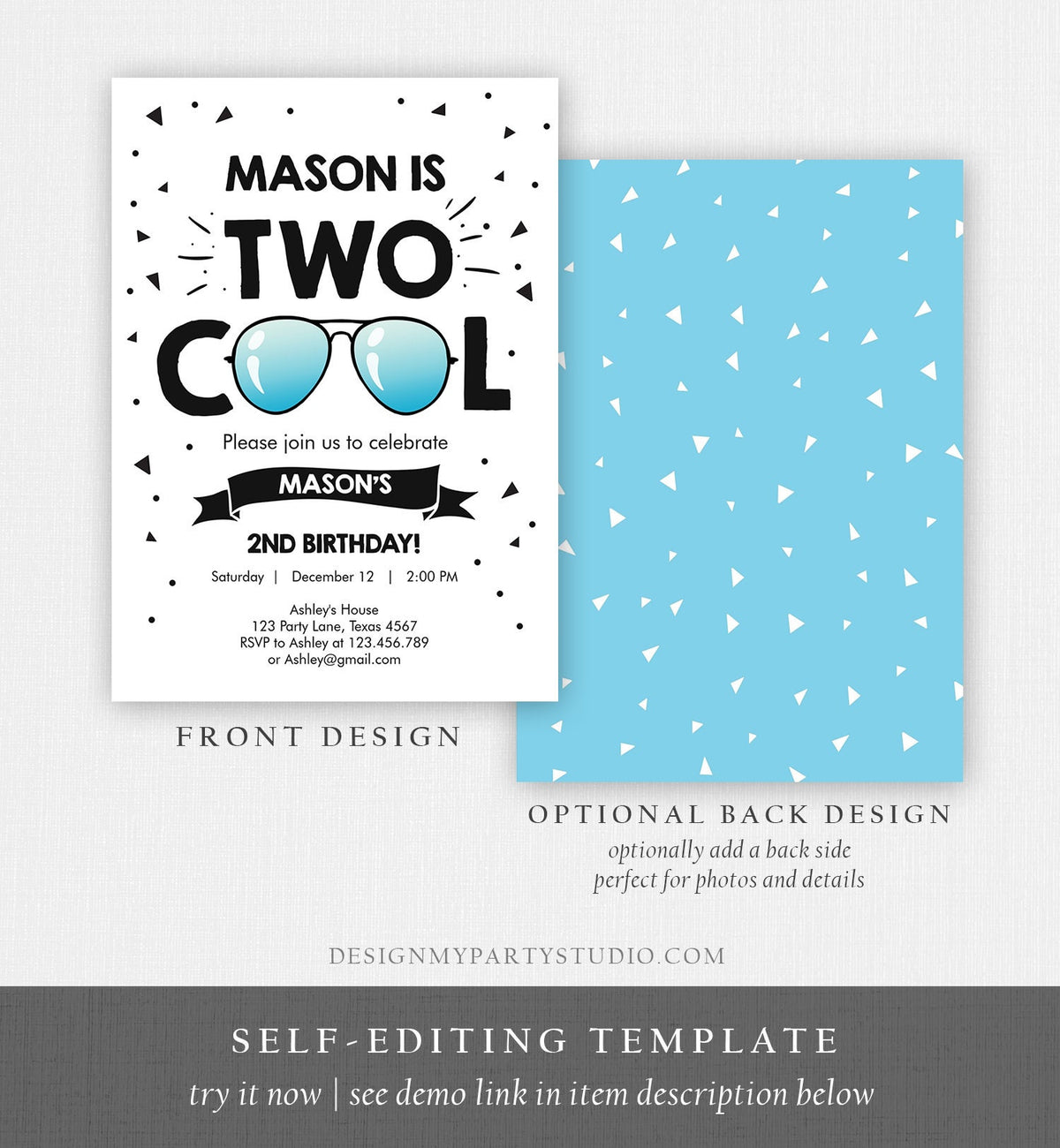 Editable Two Cool Birthday Invitation Boy Second Birthday Party 2nd I&#39;m this Many I&#39;m Two Cool Digital Download Template Printable 0136